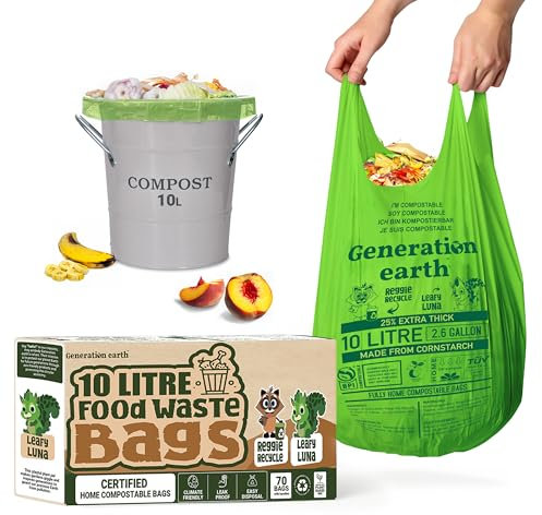 70 bags 10L | Super Strong Food Waste Corn Starch Compostable Caddy Liners | Biodegradable Bin Bags | Caddy Bin Liners | Compost Bags for Caddy | Compostable Bin Liners | Generation earth - UK Seller