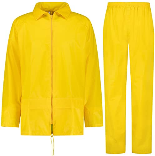 BWOLF HIMALAYA Herren Regenanzug Langarm wasserdicht mit Elastischer Taille Kapuzenjacke Anzug Regenbekleidung Regenjacke + Regenhose 2 Taschen (Gelb, 2XL)
