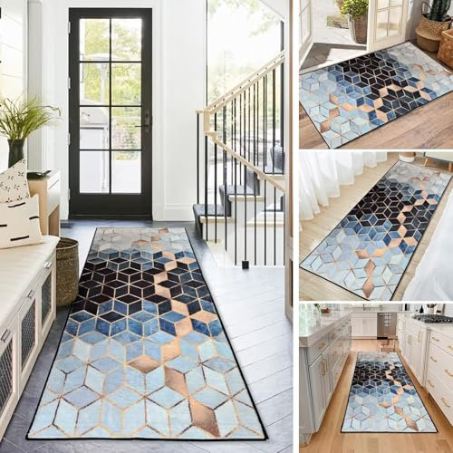 BAYUE Läufer Teppich Lang Flur rutschfest Waschbar 80X300CM,Modern Küchen Teppich Polyester Dauerhaft, Schlafzimmer Muster Carpet, für Wohnzimmer Büro Esszimmer, Anpassbar Teppichläufer Meterware