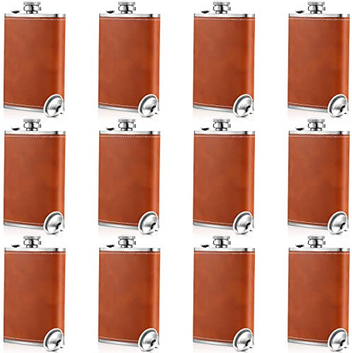 Sieral 12 Pcs Leather Hip Whiskey Flask 8 oz Stainless Steel Flask with Funnel and Wine Glasses for Men Women Cocktail Liquor Father's Day Gifts Camping Wedding Party(Brown)