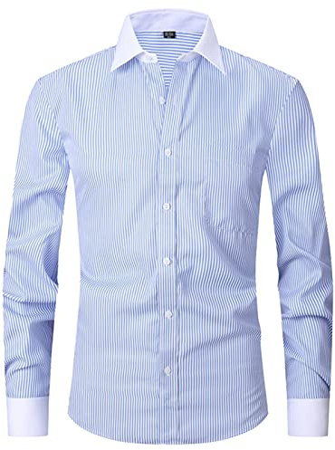 ATOFY Camicia da Uomo con Polsino Francese Slim Fit Formale con Bottoni a Maniche Lunghe da Uomo, Strisce-Azzurro, L