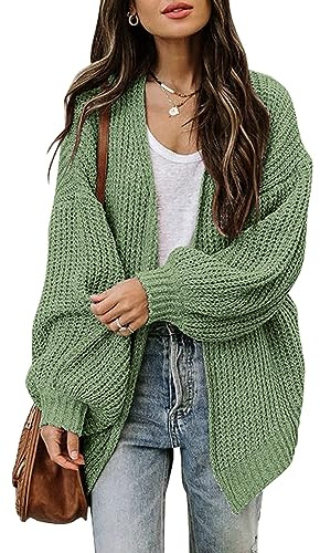 Jhsnjnr Cardigan da donna a maglia grossa, aperto sul davanti, manica lunga a lanterna, oversize, Verde, S