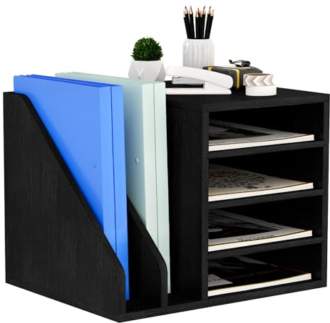 Senhoglb Wood Desk Organiser File Holder, Wooden Mail Organizer Countertop with Adjustable Compartments, Desktop File Organiser Paper Sorter for Home, Office and School, Envelope Organizer, Black