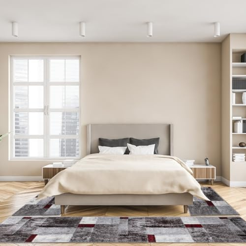 oKu-Tex Bettumrandung Set 3-teilig [67x340 cm | 2 mal 67x140 cm] Roter Bettvorleger, meliert - weicher Kurzflor pflegeleicht - Teppich Schlafzimmer - Geometrisches Patchwork Design - Deutsche Marke