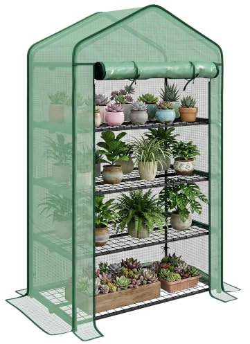Outsunny Serre de Jardin PE avec Étagères 4 Niveaux 90 x 49 x 160 cm Vert | Serre de Balcon, Bâche Renforcée 135 g/m², Châssis en Acier, Porte Zippée Enroulable, pour Légumes Plantes Fleurs