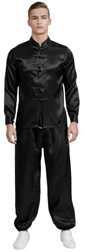 KKmeter Mens Martial Arts Suit Chinese Traditional Tang Suit Long Sleeve Yoga Top with pants Clothes Outfit (Black, X-Large)