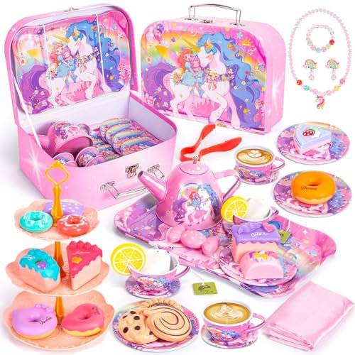 Unicorn Tea Party Set for Little Girls, Toddler Princess Toy Tea Set, Pretend Play Teapot Dessert Tea Cup Set Food Kitchen Playset, Birthday Unicorn Gift for Age 3+