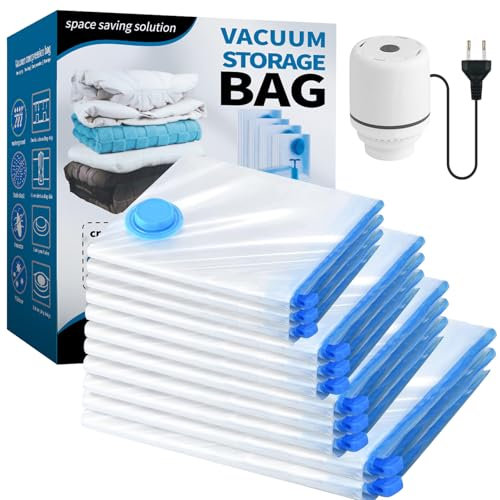 Sacchetti Sottovuoto Vestiti con Pompa Elettrica, 11 Pezzi Buste Sottovuoto Vestiti (2 jumbo, 3 grandi, 3 medi, 3 piccoli), Sacchi Sottovuoto Piumoni per Coperte, Piumino, Cuscini, Trapunte, Viaggi