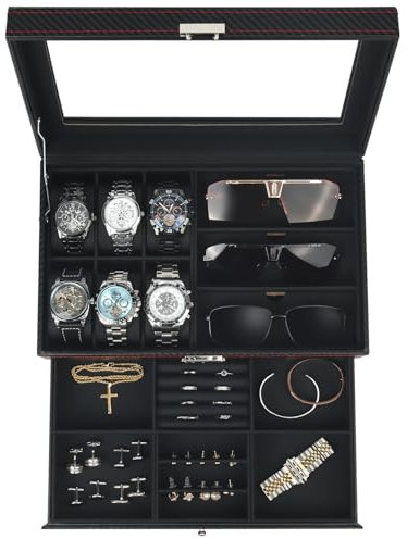 Kukikan Watch Jewellery Box Organiser, Watch Case and Sunglasses Storage with Large Glass Lid, 6 Slots and 2 Layers, Men's Jewellery Box with Lock, Watch Holder Display Case, Gift for Men Women