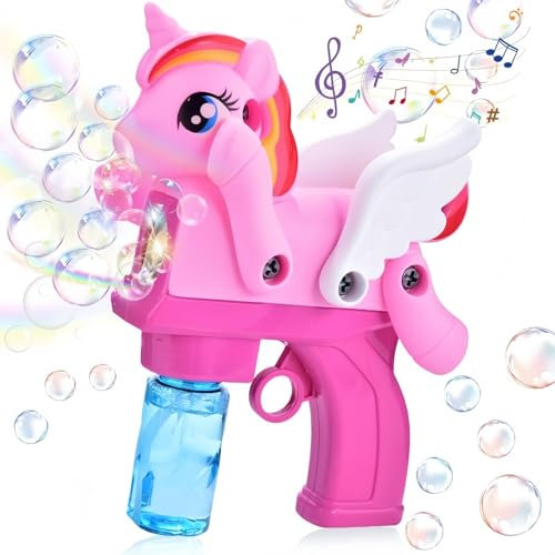 Einhorn-Seifenblasenpistole, Automatische Seifenblasenmaschine für Kind, Bubble Machine Gun mit Musik und 2 Flaschen Seifenblasen Flüssigkeit, Outdoor Spielzeug für Mädchen/Party/Hochzeit, Rosa