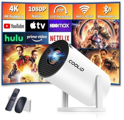 Mini Proiettore [App Integrata & 2026 Upgraded] Proiettore Portatile 4K 1080P con 5G WiFi 6 e BT 5.4 Supporta Rotativo 270° Correzione Trapezoidale Automatica Applicabile TV Stick/USB/HDMI,Bianco