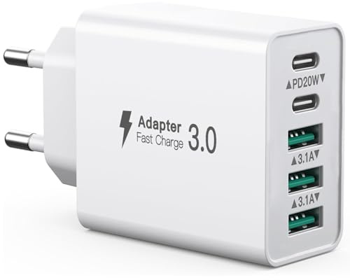 USB C Ladegerät 50W Mehrfach, 5-Ports Stecker USBC und USBA, USB Netzteil Wand-Ladegerät, Fast Charge PD20W Power Adapter Kompatibel mit iPhone 11/12/13/14/15/16/Galaxy S21/S22/S23/Handys/Tablets