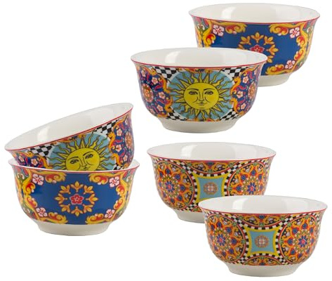 Baroni Home Set 6 Ciotole in Ceramica Decorazione Sole Siciliano, Ø12 cm, Altezza 7 cm – Stile Mediterraneo Colorato, Perfette per Colazione, Snack, Dessert o Aperitivi