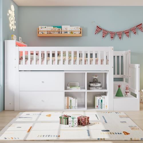 Merax Children's Mid Sleeper Cabin Bed Frame,Kids Single Bed with Storage,Wooden Bed with Storage Headboard,LED light strips,2 Drawers&Bookcase,Two Step Stairs,Safety Guardrail,White,90x190cm