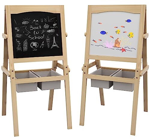 AIYAPLAY Caballete para Niños 3 en 1 de Madera Pizarra Caballete de Doble Cara y Pizarra Blanca para Dibujo con Rollo de Papel y dos Cestas 58x50,5x109 cm Natural