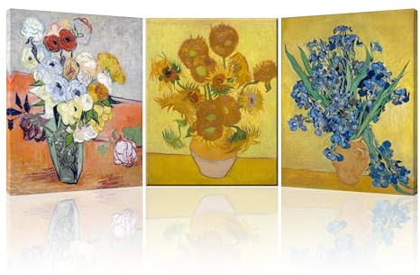 Piy Painting 3Pcs Van Gogh Cuadros decorativos con marco, Flores en un jarrón Impresiones de lienzo, Cuadros Decoracion Salon Dormitorio Cocina Oficina 30x40cm, Reproducción de cuadros famosos