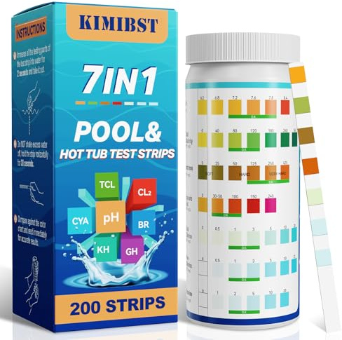 KIMIBST Pool Test Strips: 200CT 7-Way Professional Hot Tub & Spa Test Kit for Bromine pH Total Chlorine & Hardness Cyanuric Acid and More Accurate Testing Above Ground Inground Swimming Pool Water