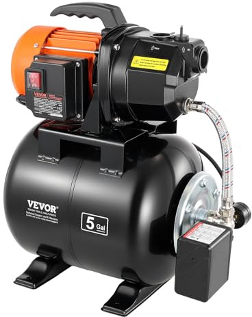 VEVOR Övertrycksgrupp 735 W pump med trycktank 19 L för grunt brunn trädgårdsvattning gräsmatta, maximalt flöde 3750 L/h, med automatisk booster, tryckbrytare 1,4–2,8 bar