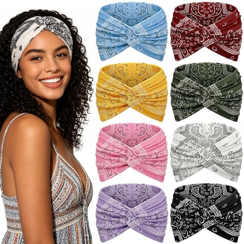 Awumbuk 8 Piezas Diadema Mujer - 7'' Ancho Extra Cinta Pelo Elástica Turbantes Multicolor Boho Bandana Headband, para Deporte, Yoga, Uso Diario Accesorio (Lila boho-paisley)