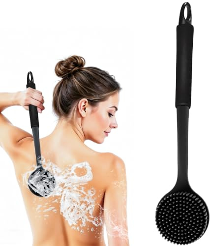 Mulbijeo Spazzola Corpo, con Manico Lungo, Spazzola Schiena Doccia, Resistente alla Muffa, Spugna Silicone Corpo, Massaggio, Spugna per Schiena Doccia per Pelle Sensibile, Donna Uomo Nero