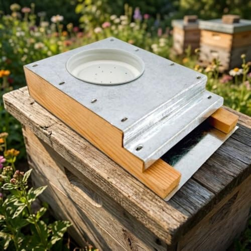 Durashmall Mangiatoia per alveare in legno con coperchio in alluminio per attrezzature per apicoltura, dispenser efficiente di acqua e mangime per la salute delle api, 17 x 11,5 x 3,5 cm