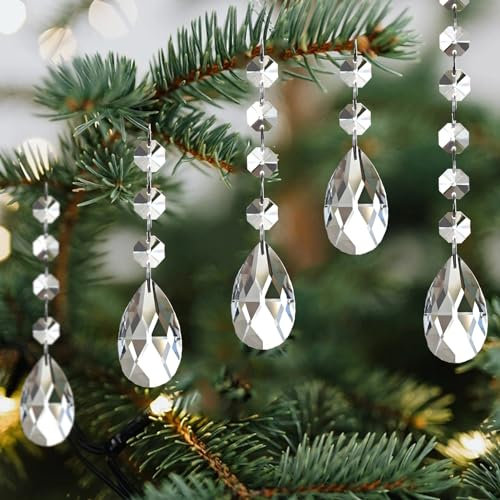 YIEUR 12pcs Pendentif capteur de Soleil en Cristal avec 56 Pcs Guirlande de Perles, 38mm Lustre en Verre de Cristal Attrape Cristaux Pendentif Prismes pour Fenêtre Maison Jardin Carillon éolien