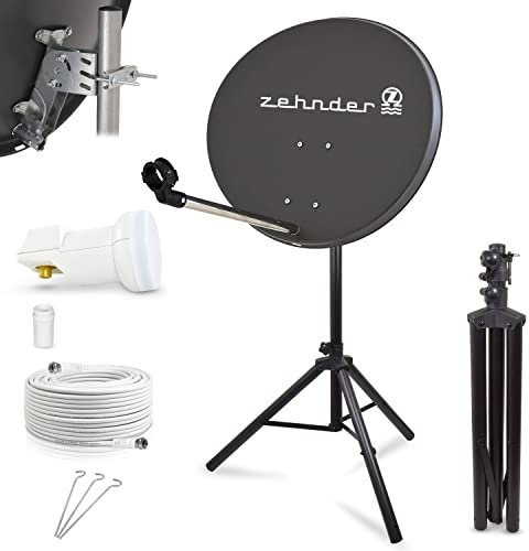 Digitale Camping Sat Anlage Spiegel 60 cm Single LNB 0,1 dB + 10m Kabel + Dreibein Stativ Kabel Balkon Caravan Mobil Schüssel Antenne HD UHD 4K geeignet d