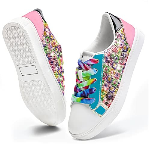 FUPPIA Baskets basses à paillettes scintillantes pour enfants en cuir PU tendance avec lacets colorés pour petits grands enfants multicolores, multicolore, 32 EU
