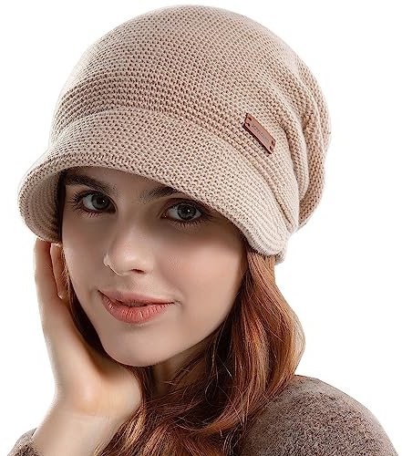 WANYIG Slouchy Beanie Hat con Visiera Berretti in Maglia Berretto Costine Teschio Lungo Invernali Cappelli Baggy Zucchetto Knit cap Chunky Soft per Uomo e Donna (Cachi)