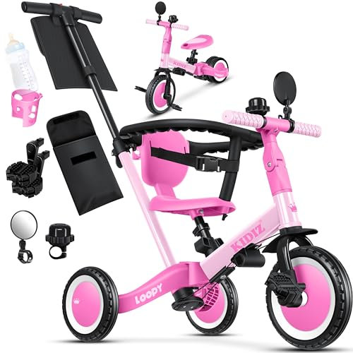 KIDIZ® 6in1 Laufrad Dreirad | Laufräder Lauffahrrad Kinderdreirad ab 1 Jahr bis 5 Jahre | Lauflernhilfe belastbar bis 25Kg | inkl. Lenkstange Sicherheitsbügel Sicherheitsgurt Klingel & Spiegel Rosa