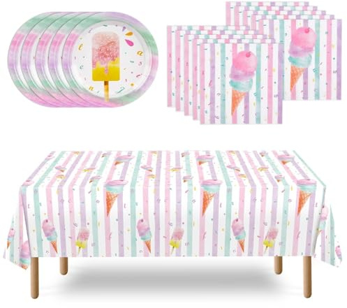 WERNNSAI Decoración de fiesta de helado – 33 piezas de helado de fiesta de cumpleaños vajilla decoración niños niñas hielo rosa arco iris fiesta verano servilletas platos mantel decoración accesorios