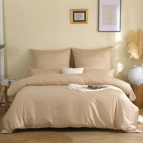 SOULFUL Kühlend Bettwäsche 135x200 Baumwolle, Mako Satin Bettwäsche-Sets mit Reißverschluss, Zertifiziert Oeko-TEX, Enthält 1 Bettbezug 135x200 und 1 Kissenbezug 80x80, Beige