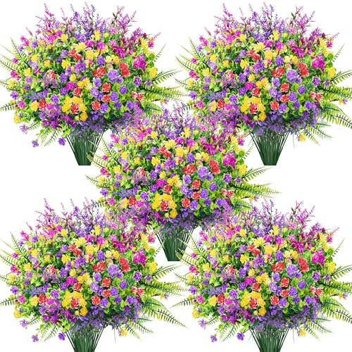 Der Rose 24 Bundles Artificial Flowers Bulk for Outdoors UV Resistant Fake Flowers Spring for Garden Patio Porch Farmhouse Home Window Box Decor（Colourful）