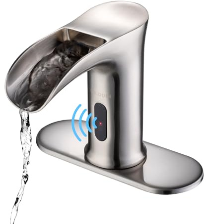CDLODIN Automatic Sensor Touchless Waterfall Bathroom Sink Faucet, Modern Electronic Sensor Lavatory Faucet, Brushed Nickel Hands Free Vanity Faucets with Control Box and Temperature Mixer