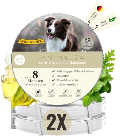 Animalea® [2 Stück] Zeckenhalsband für Hunde - verbesserte Formel mit Schwarzkümmelöl - 100% Natürlich - bis zu 8 Monate wirksamer Schutz gegen Zecken Flöhe Läuse Ungeziefer