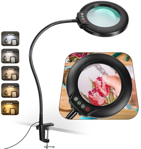Veemagni 10X Magnifying Glass with Light, 5 Color Modes Stepless Dimmable, 23 Flexible Gooseneck LED Desk Lamp with Clamp, Hands Free Lighted Magnifier with Stand for Close Work Crafts Reading Hobby