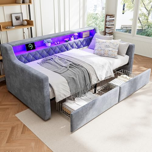 LED Daybed with 2 Storage Drawers and USB &Type C Charging Sations, 3FT Single Functional Upholstered Bed 90x190 cm, Guest Bed Sofa Beds Youth Beds For Adults & Teenagers, Velvet, Grey, No Mattress