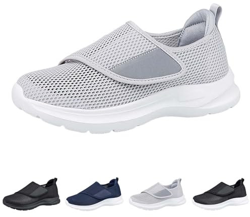New Shoes for Edema and Swollen Feet Women Adjustable Strap Extra Wide Fit Orthopedic Breathable Diabetic Shoes for Ladies Elderly Swollen Pain Relief #001_Grey Size 6