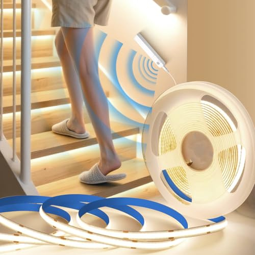 BRIMETI COB LED Strip Med Rörelsesensor Batteridriven Neutral Vit 4000K LED Remsa 5M 5V Strip Flexibel Självhäftande 320LED/m Ljusremsa Inomhus Belysning Remsa Band för Dekoration DIY Kök
