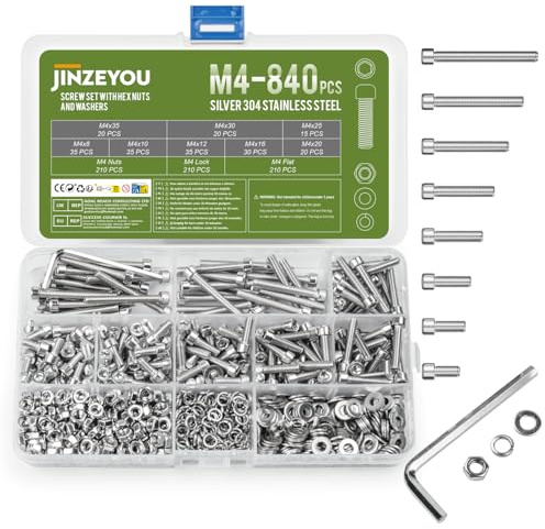840 Pcs M4 Nuts and Bolts Hex Socket Head Cap Screws and Nuts Set, Stainless Steel Machine Screws Bolts Set, Assorted and with Lock & Flat Washers Assortment for DIY (840, M4)