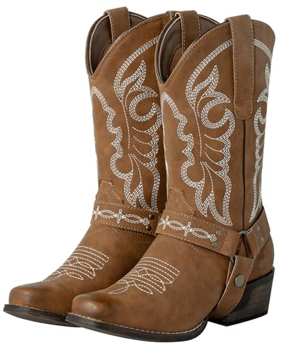 J's.o.l.e Women's Square Toe Cowgirl Cowboy Boots Mid Calf Western Riding Boots with Fashion Buckle Strap Brown US 6