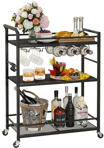 YAUKTAK 3 Tier Bar Cart, Small Beverage Cart, Mini Bar Cart with Wine Rack, Home Bar Serving Cart with Wheels for Kitchen Dining Living Room (Black, General) GBC507B