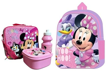 Official Licensed Kids 4-Piece School Set Backpack, Lunch Bag, Water Bottle & Snack Box Back to School Bundle for Boys & Girls (Standard Minnie Mouse Yoo-Hoo + 3pcs Lunch Set Bundle 12)