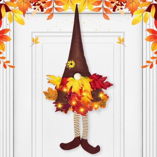 GNOME Automne, Couronne Porte Automne avec LumièRes LED,Deco Automne Interieur Maison,Feuille d'automne, Guirlande d'automne Suspendue pour RéColte d'automne, Thanksgiving, Halloween (Orange)