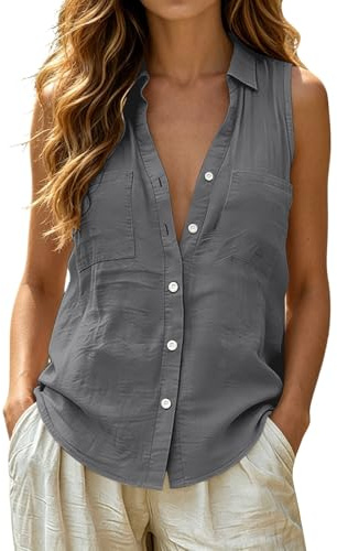 Generisch Camiseta sin mangas para mujer, elegante, sin mangas, cuello de solapa, blusa, blazer de algodón y lino, con botones, chaleco ligero, monocolor, blusa de lino para verano, para uso diario