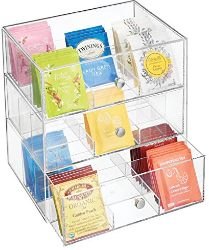 mDesign boite de rangement cuisine en plastique avec 3 tiroirs – casier de rangement pour sachets de thé, tisane, infusion, dosette de café, sucre et plus – boite à thé – transparent