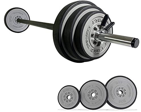 TrainHard 20 kg Hantelset mit federgeschlossenen Hantelstangen inklusive 6 Hantelscheiben, 140 cm Langhantelstangen, Gewichtheben, Fitness-Krafttraining, Nackenschutz, Rutschfestigkeit und Schutzboden