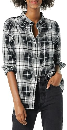 Amazon Essentials Chemise en Flanelle à Carreaux Légère, Manches Longues, Coupe Classique Femme, Blanc Noir Grand Plaid, XXL