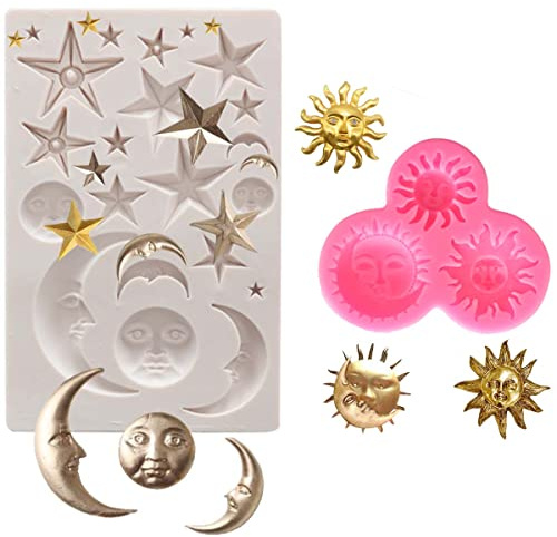 Fangleland Stampi in silicone a forma di luna e stella, sole, luna e stelle, per torte di compleanno e matrimoni, decorazioni per cioccolatini, caramelle, biscotti