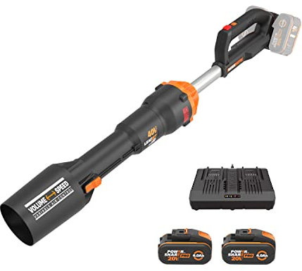 WORX NITRO 36V(40V MAX) Cordless Leaf Blower WG585E Brushless Blower, 3 Speeds + Turbo Mode, 266km/h Air Speed, 1053m³/h Air Volume, Lightweight & Compact, PowerShare, 2* 4.0Ah Battery, 1* 2A Charger